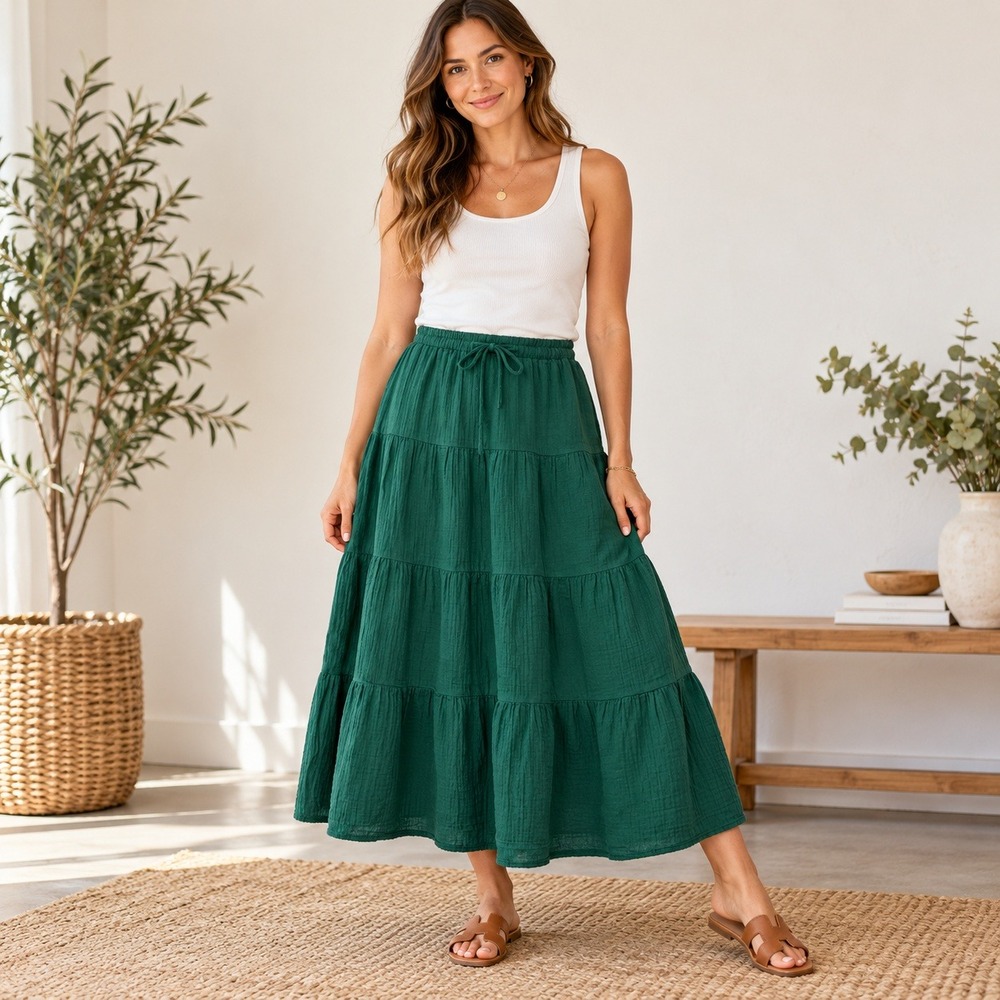 Gap Forest Green Cotton Gauze Tiered Maxi Skirt Large Elastic Drawstring Boho